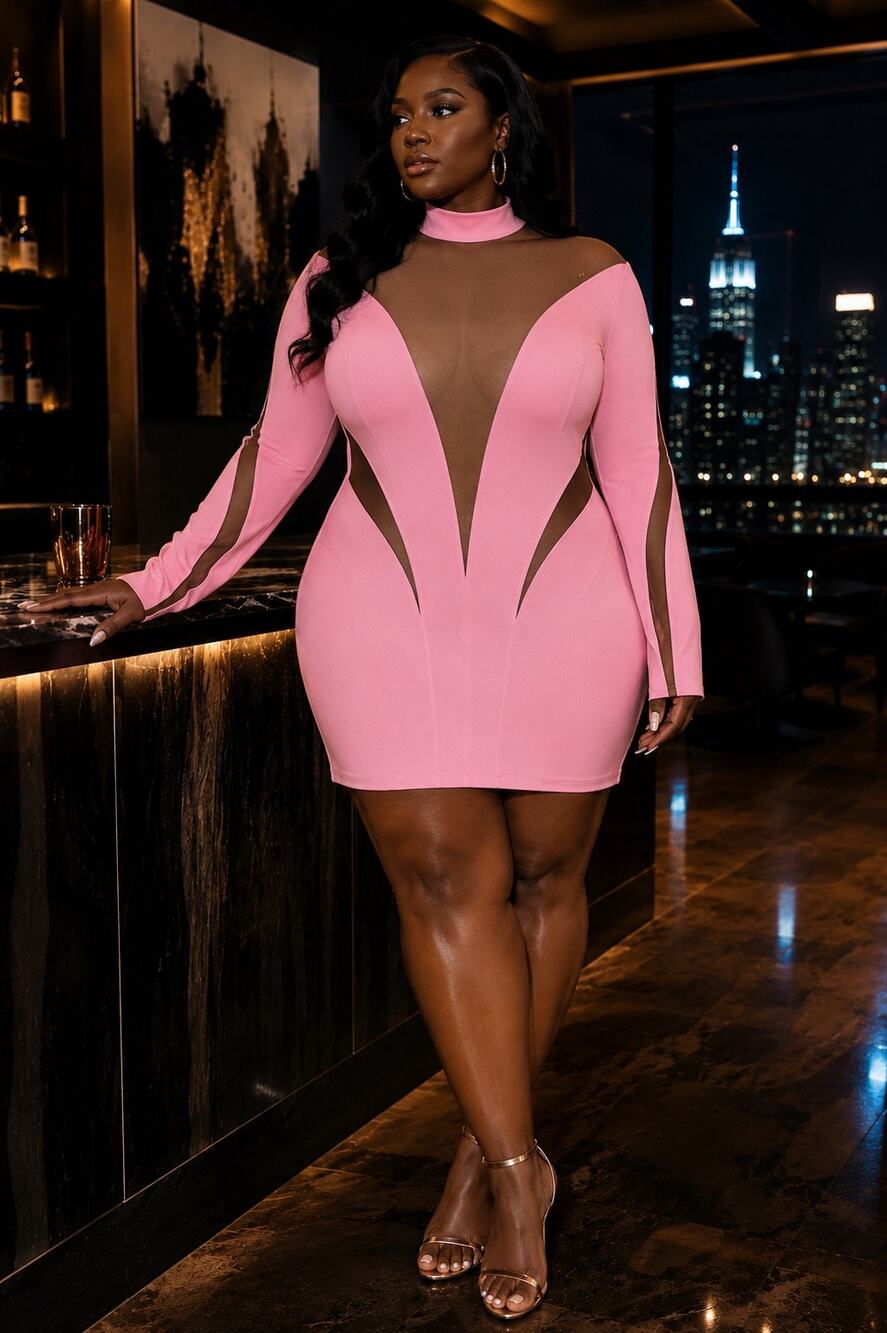 Mugler x H&M Pink Mesh Illusion Bodycon Mini Dress Futuristic Clubwear Size XXL
